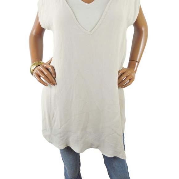 CHICO'S Top M Sz 1 Beige/Tan Knit Tunic Blouse Chiffon Overlay Relaxed Fit - Picture 2 of 11